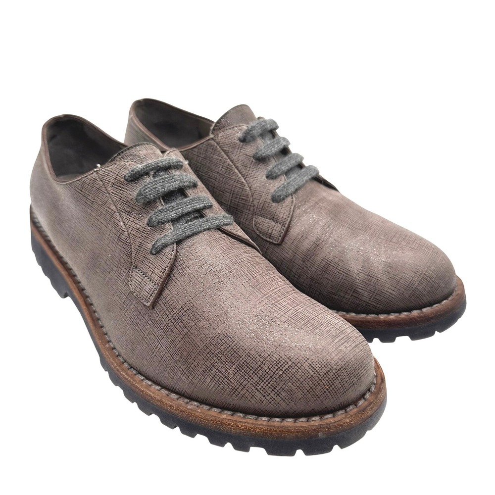 Brunello Cucinelli Womens Leather Cashmere Derby Shoes Grey Metallic Lug 6.5